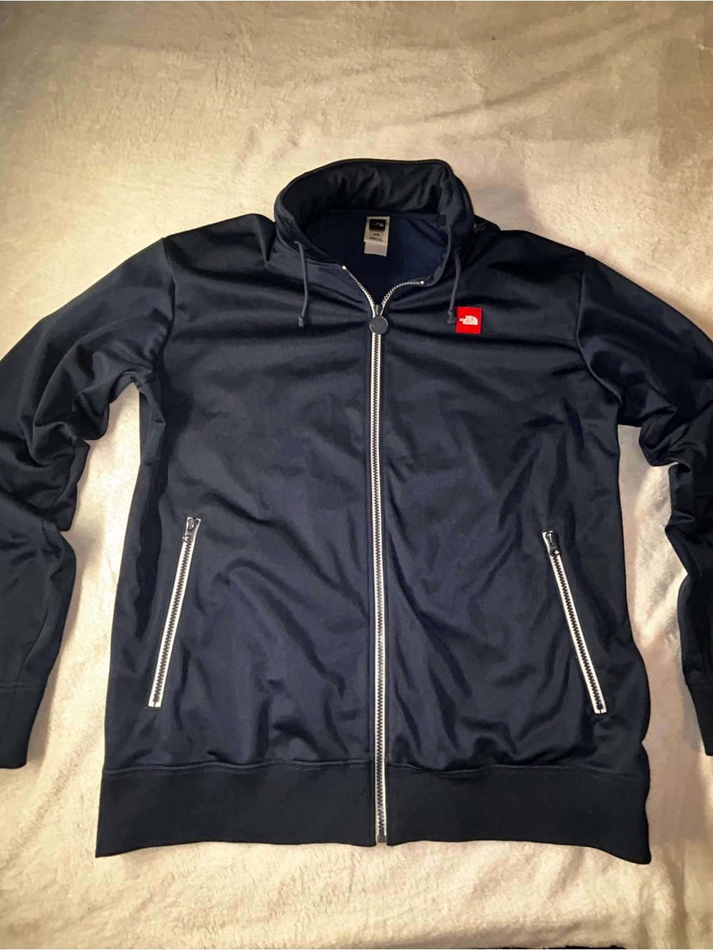 The North Face Men's Navy Zip-Up Track Jacket with Red Logo XL